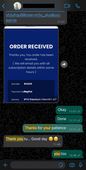 WhatsApp customer review praising IPTV quality